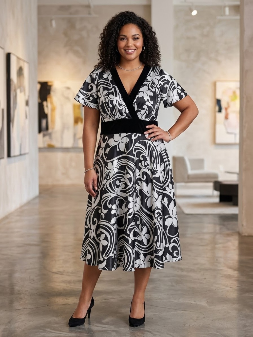 dressbarn Black and White Floral Wrap Midi Dress